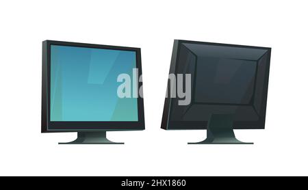 Computer monitor power. Front and back views. Cartoon style. Object isolated on white background. Vector. Illustration de Vecteur
