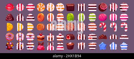 Icônes de jeu de bonbons au chocolat et au sucre dur, lipop, gouttes de fruits, gâteau et bonbon avec des bandes blanches. Ensemble de dessins animés vectoriels de symboles de nourriture douce de caramel et de dessert pour machine à sous de casino Illustration de Vecteur