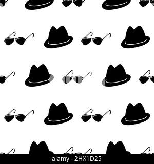 Motif sans couture détective, espion, mafia. Silhouette de chapeau noir et de lunettes de soleil sur fond blanc. Illustration de Vecteur