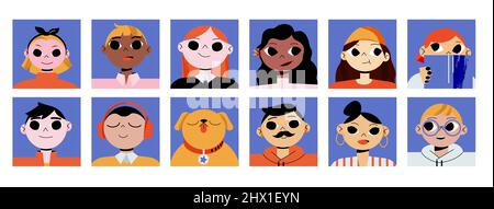 Avatars avec portraits de personnes pour profil sur les réseaux sociaux. Collection vectorielle plate de groupes multiraciaux de personnages, de visages de femmes et d'hommes et de chiens sur fond carré bleu Illustration de Vecteur