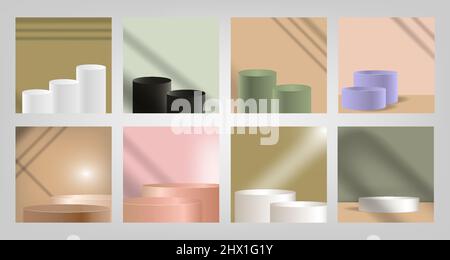 Set collection de podium coloré ou plate-forme pour la présentation de produit isolé avec cadre d'effet de superposition d'ombre en couleur pastel, bleu, Illustration de Vecteur