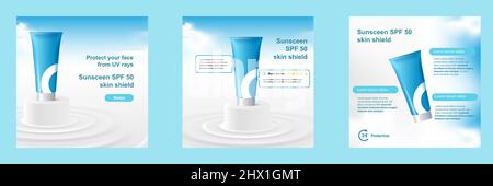 Petite beauté cosmétique social media carré poster modèle bannière en bleu blanc avec ondulation d'eau, nuage, ciel. Pour connaître le produit, afficher, pr Illustration de Vecteur