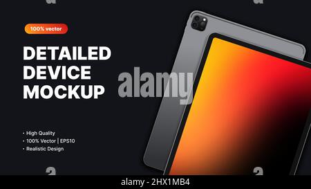 Tablette grise avec écran dégradé maquette foncée. Page de publicité détaillée pour le site Web. Présentation de l'appareil, de l'interface utilisateur et de l'application. Illustration vectorielle Illustration de Vecteur