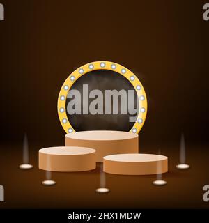 Podium avec des rayons de projecteurs pour le gagnant de la cérémonie de remise de prix avec fumée.Concept de plate-forme Gold.Illustration vectorielle Illustration de Vecteur