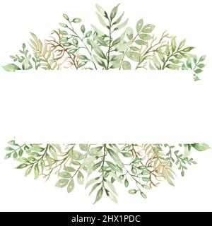 Clipart à cadre de verdure, illustration de la couronne de feuilles vertes aquarelle, bordure de feuillage, arrangement de mariage floral, cadre de feuille, plante de fines herbes, Carte nature Banque D'Images