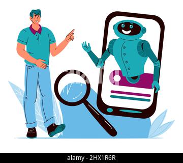 Homme qui contacte le service de chat en ligne pour obtenir une assistance technique ou client, une illustration vectorielle de dessin animé. Chatbot et robotique hotline application mobile conc Illustration de Vecteur