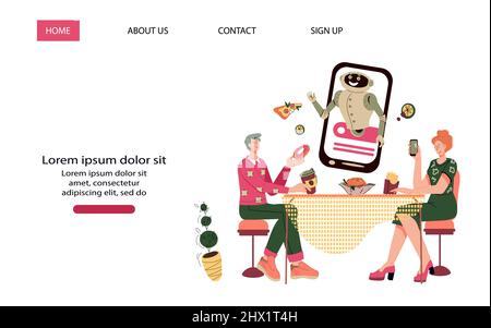 Bannière Web pour le site de commande de nourriture en ligne et de livraison de restaurant à emporter. Personnes commandant de la nourriture via l'application mobile, dessin animé vecteur illustration pour websi Illustration de Vecteur