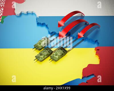 Des chars russes attaquent le territoire ukrainien. 3D illustration. Banque D'Images