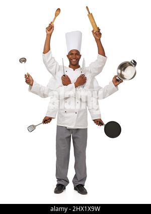 Le multitâche est un jeu de chefs. Un chef avec huit bras tenant différents ustensiles de cuisine en eux. Banque D'Images