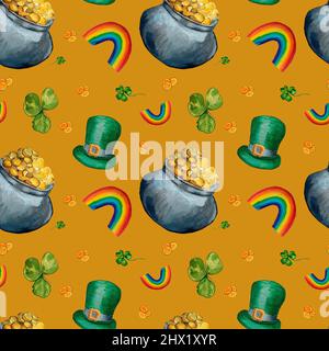 Aquarelle du motif Saint-Patrick sur fond jaune. Peint à la main avec chapeau de leprechaun, arc-en-ciel, shamrock, feuilles vertes, trèfle, pot de pièces, allez Banque D'Images