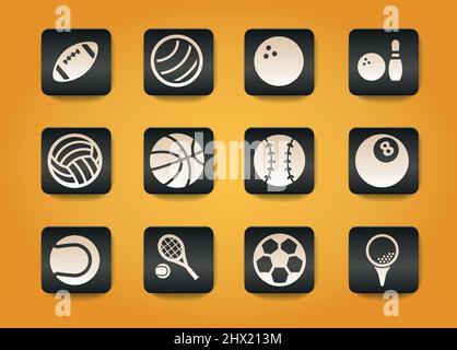 symboles boules de sport sur boutons noirs sur fond jaune Illustration de Vecteur