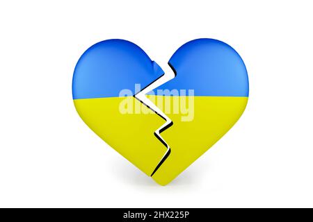 Coeur brisé de l'Ukraine couleurs de drapeau isolées sur fond blanc - rendu 3D Banque D'Images