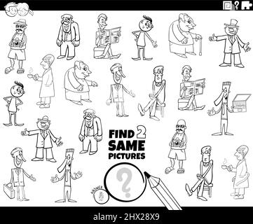 Dessin animé noir et blanc illustration de trouver deux mêmes images jeu éducatif avec dessin animé personnages coloriage livre page Illustration de Vecteur