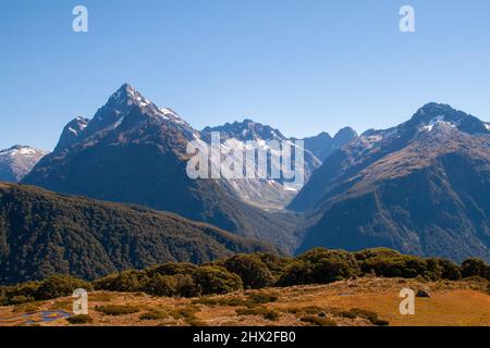 Marian Lake Lookout, Mt Christina et Mount Crosscut, vue de Key Summit, Routeburn Track, Fiordland, Nouvelle-Zélande, Île du Sud, NZ Banque D'Images