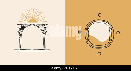 Dessin à la main vecteur résumé stock plat illustrations graphiques ensemble avec élément de logo, bohème astrologie magique minimaliste emblème de la ligne mystique arche Illustration de Vecteur