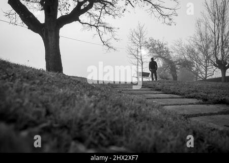 Photo floue d'un homme dans le parc seul avec banc vide et arbre sans feuilles. Vue arrière d'un homme solitaire dans la scène noire et blanche. Homme anxieux. Triste, inquiète Banque D'Images