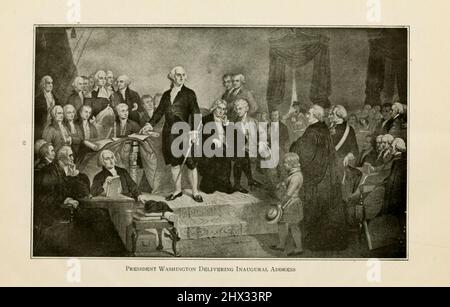 George Washington délivrant son discours inaugural le 1789 avril devant les membres du Congrès dans l'ancien hôtel de ville de New York. Peint par T.H. Matteson; gravé sur l'acier par H.S. Ajouter D'après le livre « le monument de Washington illustré; guide complet et histoire; faits et figures authentiques; cité picturale de Washington » par Ina Capitola Emery, publié en 1913 Banque D'Images