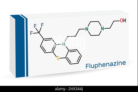 Molécule de fluphénazine. Il s'agit d'un médicament phénothiazine, neuroleptique, antipsychotique, utilisé dans le traitement des psychoses. Formule chimique du squelette. Illustration de Vecteur