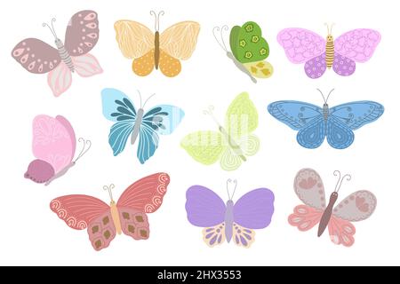 Fantaisie petits papillons colorés ensemble dans simple dessin de style plat vectoriel, symbole des vacances de Pâques, printemps ou été, décoration de célébration, clipart pour cartes, bannière, décoration printanière, adorable insecte Illustration de Vecteur