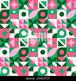 Motif géométrique abstrait sans couture. Imprimé style géo néo, illustration vectorielle. Lignes simples répétées et formes arrière-plan en mosaïque. Rose, vert et Illustration de Vecteur