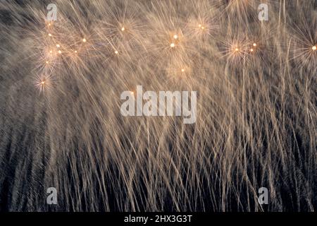 Feux d'artifice explosifs avec une douche d'étincelles. Feux d'artifice lors d'un festival en Sicile en Méditerranée. Magnifique feu d'artifice lumineux qui illumine le n Banque D'Images