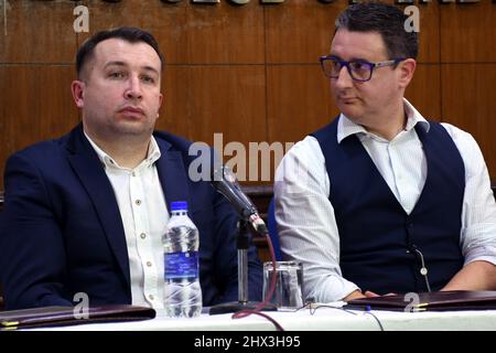 New Delhi, Inde. 09th mars 2022. Branko Devide Vinceti football et Président NK Instruta FC Croatio et Directeur général Darko Podnard Directeur des Affaires internationales de NK istra 1961 et Mikel Lauzurice Directeur Coach et développement à la conférence de presse sur 1st Indo Croate football collaboration AS Indo Europe Sports Leisure council, Activités visant à promouvoir les relations entre l'Inde et l'Europe par le biais des sports et des citoyens à New Delhi, Inde, le 09 mars 2022. (Photo de Ravi Batra/Sipa USA) crédit: SIPA USA/Alay Live News Banque D'Images