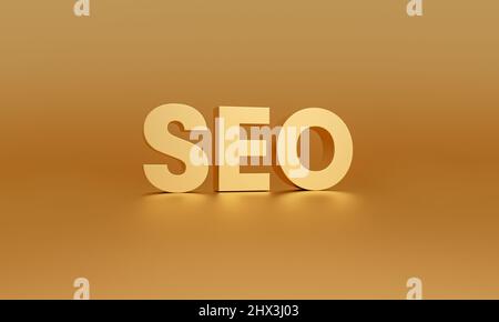 SEO, optimisation des moteurs de recherche sur fond doré. Concept Web de stratégie. 3d rendu. Banque D'Images