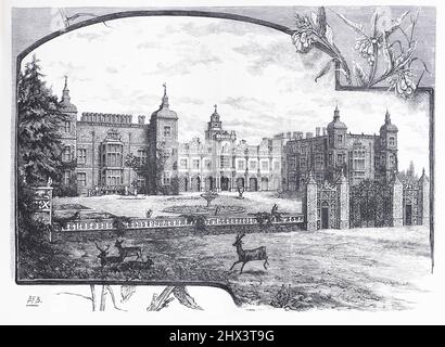 Le Front de Hatfield House, Hatfield; Hertfordhsire, Angleterre au 19th siècle; Illustration noir et blanc;