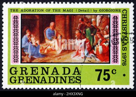 GRENADE ET LES GRENADINES - VERS 1976 : un timbre imprimé à la Grenade montre l'adoration des Magi, par Giorgione, peintre italien, vers 1976 Banque D'Images