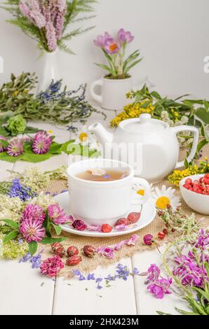 Tisane au rosehip, camomille et trèfle dans une tasse blanche sur une table blanche en bois avec des fleurs. Banque D'Images