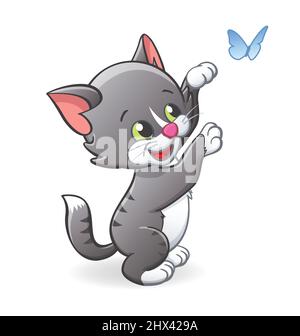 mignon dessin animé gingembre chat chaton debout sur les pattes arrière jouant avec le vecteur papillon isolé sur fond blanc Illustration de Vecteur