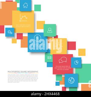 Diagramme d'infographie vectoriel avec divers carrés descriptifs - modèle d'infographie - carrés de contenu couleur pastel avec icônes et descriptions dans diago Illustration de Vecteur