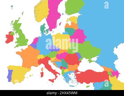 Europe avec des régions d'Asie, carte détaillée multicolore, États et îles individuels et mer, sur fond blanc, vierge Banque D'Images