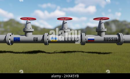 Le gazoduc avec des drapeaux de la Russie, de l'Ukraine et de l'UE. 3d rendu Banque D'Images