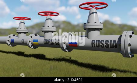 Le gazoduc avec des drapeaux de la Russie, de l'Ukraine et de l'UE. 3d rendu Banque D'Images