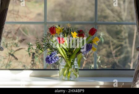 Un vase de fleurs de printemps sur un seuil de fenêtre. Des jacinthes bleues, des tulipes rouges et des jonquilles jaunes remplissent le pot en verre. Banque D'Images
