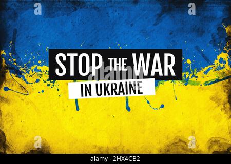 Arrêtez la guerre en Ukraine sur le grunge drapeau ukrainien, illustration de 2D Banque D'Images