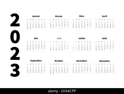 calendrier horizontal simple de 2023 ans en français, calendrier typographique isolé sur blanc Illustration de Vecteur