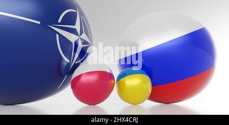 La guerre abstraite contre le drapeau de l'ukraine avec les drapeaux de la russie, de l'ukraine, de la pologne et de l'OTAN 3D en est une illustration Banque D'Images