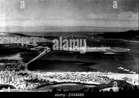 Dans son cadre spectaculaire entre les deux plus grands ponts du monde qui s'étendent sur la baie de San Francisco, est le site de l'exposition internationale 1939 qui est maintenant reprise sur Yerba Buena Shoals. Le site de 400 acres, plus grand que le siècle de progrès de Chicago, nécessitera le remplissage de 20 000 000 yards cubes de matériaux et la construction d'un sentier côtier de 16,000 pieds autour de ses frontières. Les villes de la région de la baie de San Francisco, qui compte plus de 2 000 000 000 personnes, accueilleront le monde en 1939, à l’occasion de la célébration de l’achèvement du pont de la baie de San Francisco-Oakland (premier plan gauche et mondial) Banque D'Images