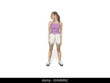 Exercice de réadaptation, extension du cou et flexion, femme debout avec les bras sur le côté, jambes largeur de hanche écartées, tête regardant sur le côté Banque D'Images