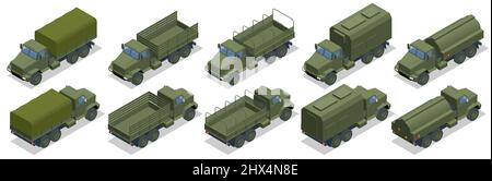 Camion lourd militaire isométrique. Un véhicule militaire vert a isolé un camion lourd militaire sur fond blanc Illustration de Vecteur