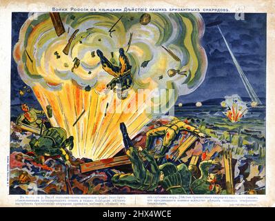 La guerre de la Russie avec les Allemands. L'effet de nos coques explosives. A. V. Krylov & C. imprimerie et lithographie, 1914. Lubok, première Guerre mondiale Banque D'Images