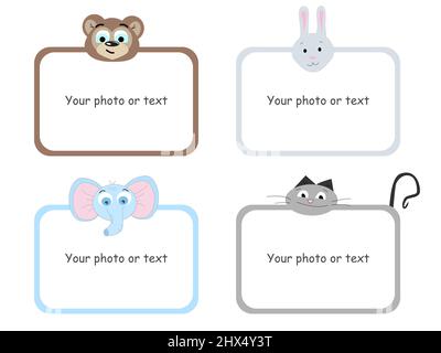 Ensemble de cadres de dessin animé vectoriels avec têtes d'animaux. Cadres rectangulaires pour enfants pour les photos ou le texte Illustration de Vecteur