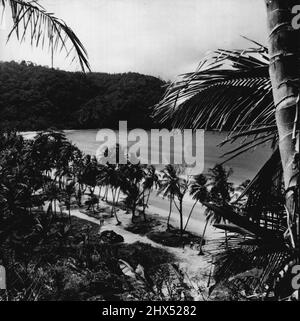 Princess Margaret's Tour of the West Indies: Trinidad -- en regardant sur la baie de Maracas aux palmiers, complexe de vacances de fin de semaine pour de nombreux Trinidadiens; Trinidad, la deuxième plus grande et la plus méridionale des îles indiennes de l'Ouest, a une population de 678 000 habitants (y compris Tobago). - Trinidad sera le premier arrêt sur la visite de la princesse Margaret des Antilles; son Altesse Royale y arrivera par avion de Londres le 1st février 1955, et naviguera de là à Grenade dans le yacht royal 'Britannia' le 5th février. 02 février 1955. (Photo par Camera Press). Banque D'Images