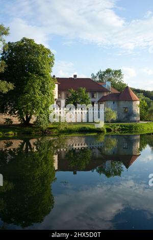 Slovénie, Basse-Carniola, Otocec, château de l'autre côté de la rivière Krka Banque D'Images