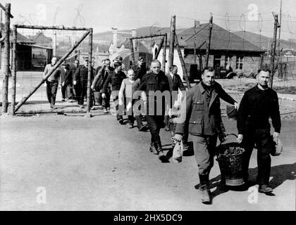 La vie dans un camp d'internement pour les nazis allemands. Un groupe de travail des internés nazis revenant avec des seaux de coke pour les cuisines par les portes de Camp Roosevelt, Hemer, Allemagne. À Hemer, dans la zone occupée par les Britanniques en Allemagne, 3 300 nazis (principalement des hommes Gestapo et S.S.) sont internés dans le camp Roosevelt, anciennement un camp de prisonniers de guerre allemand Stalag 6b. Les internés ont leur temps entièrement occupé, parce que, en plus de leur centre d'instruction où ils sont enseignés tout de l'art dramatique à la pose de briques, ils ont tous les corvées de camp à exécuter, comme le travail sur les allotissements et f Banque D'Images