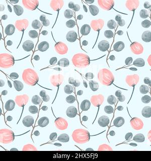Motif fleuri aquarelle sans couture. Composition de branches d'eucalyptus et de rosebuds sur fond bleu. Parfait pour les invitations de mariage. Illustration de Vecteur