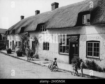 Il y a Un village à vendre -- enfants jouant au soleil par une rangée de cottages en chaume - y compris les magasins du village - en peluche. Le village de Plush, âgé de 400 ans, doit être vendu aux enchères publiques à Dorchester le 22 septembre. La propriété couvre 1 243 hectares et comprend un manoir et un troupeau de pedigree de bétail de sondage rouge attesté. Une estimation ou le coût probable pour un acheteur est de £150 000. Le village, un joli endroit avec des chalets en chaume, est actuellement la propriété de M. John Barnard-Hankey, qui l'a acheté il y a 10 ans et en a dépensé £50 000 pour des améliorations. 29 août 1955. (Photo par Banque D'Images