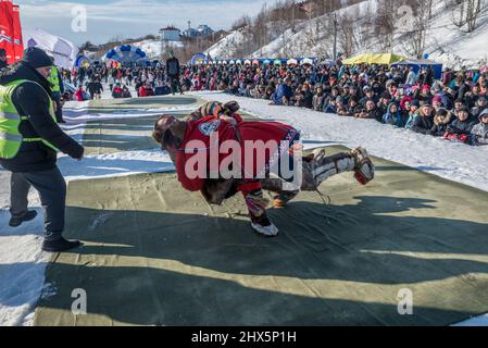 Compétition traditionnelle de lutte de Nenet au Festival des éleveurs de rennes à Salekhard, Yamalo-Nenets Autonomous Okrug, Russie Banque D'Images